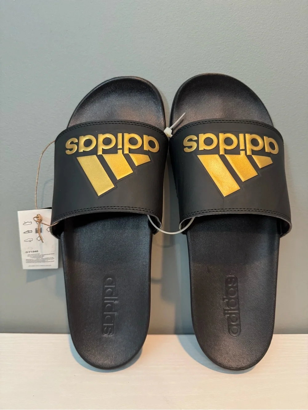 adidas Black Slides with Metallic Gold Logo NWT no box